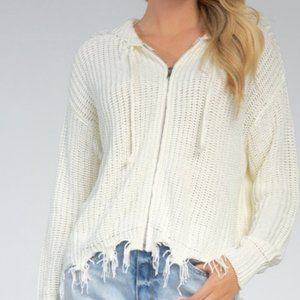 Elan Ivory Frayed Hooded Zip Cardigan Medium